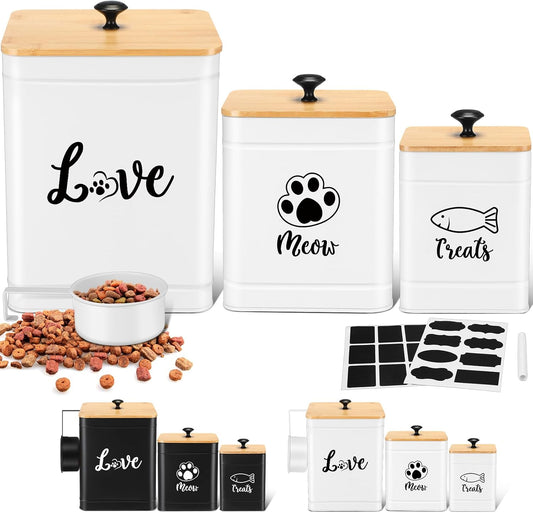 Metal Airtight Cat Food Containers Set of 3 with Bamboo Lids and Spoon 7+3+2 Lbs Cat Treat Storage Container Countertop with DIY Labels Pet Cookie Organizer Jars for Kitchen Counter(White)