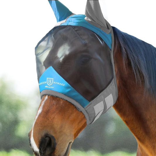 Harrison Howard Pro Luminous Horse Fly Mask Standard with Ears UV Protection for Horse Azure Blue/Silver Medium Cob
