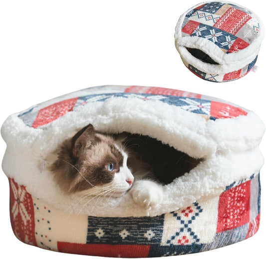 Cat Cave Bed – Plush, Warm & Calming Hideaway with Detachable Lid & Mat, Covered House for Indoor Kitten & Kitty (Snow)