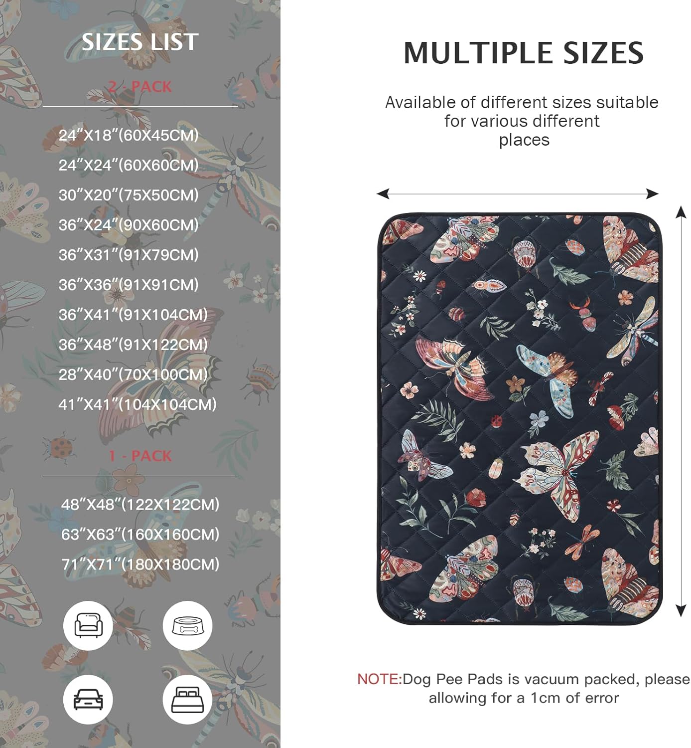 IEUUMLER Washable Pee Pads for Dogs, 2 Pack Insect Pattern Reusable Waterproof Puppy Potty Pads, Non-Slip Absorbent Pet Training Pads for Playpen Crate Bed EU014