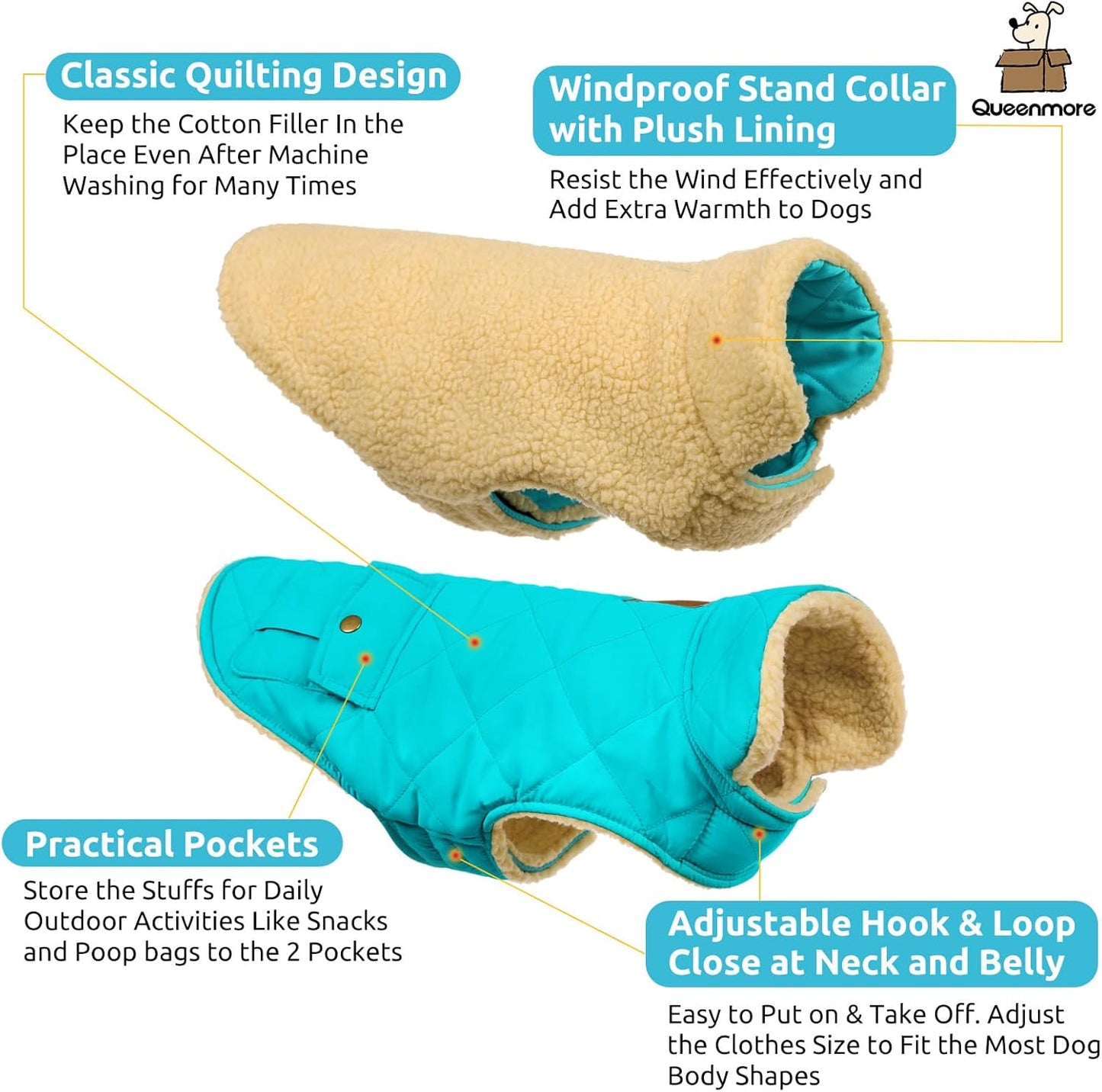 Queenmore Warm Dog Coat, Cold Weather Puffer Dog Coat Vest, Quilting Winter Pet Jacket Ultra Thick Plush Fleece Lining Pet Clothes for Dogs with Storage Pockets (Light Blue, Small)