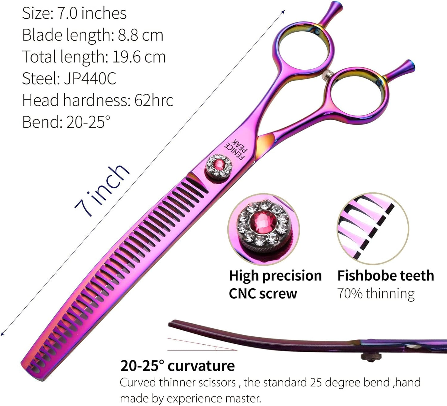 Fenice Peak Professional Dog Grooming Scissors Pet Curved Chunker Shears 7.0'' Extremely Sharp Blades 440C Steel Thinning Scissors Durable Smooth Motion & Fine Cut for Dogs and Cats (Multicolored)