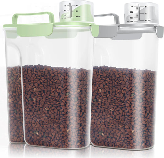 TBMax Pet Dog Cat Food Storage Containers 2 Pack 10 to 14 Lbs, Airtight Cat Food Dispenser with Large Spout & Portable Handle, Travel Dog Treat Storage Bin Bird Seed Container -Light Green/Light Grey