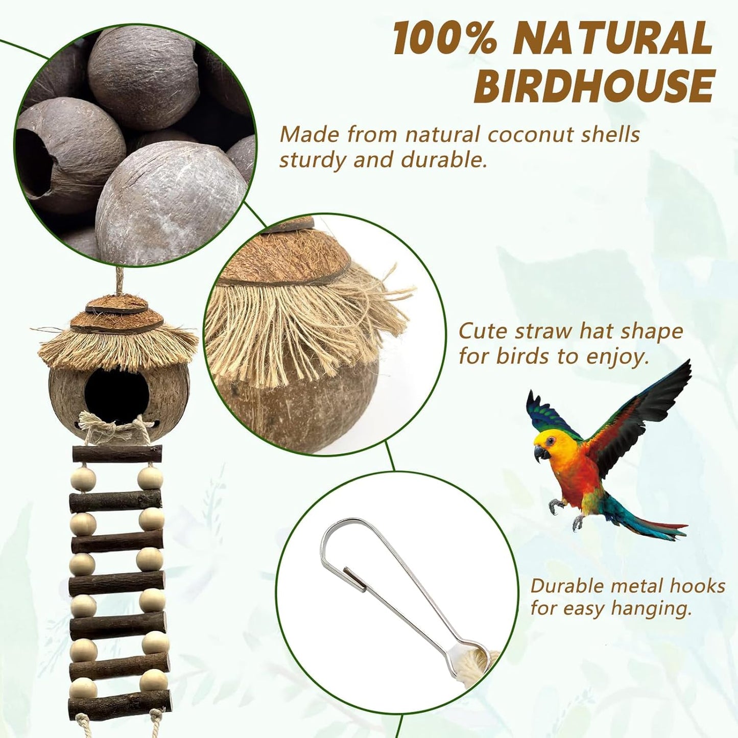 7PCS Bird Perches, Coconut Nest Hut with Ladder, Bird Swing and Stand for Small and Medium-Sized Parakeets, Conures and Budgies, Parrot Cockatiels Budgie Conure Finches Lovebirds