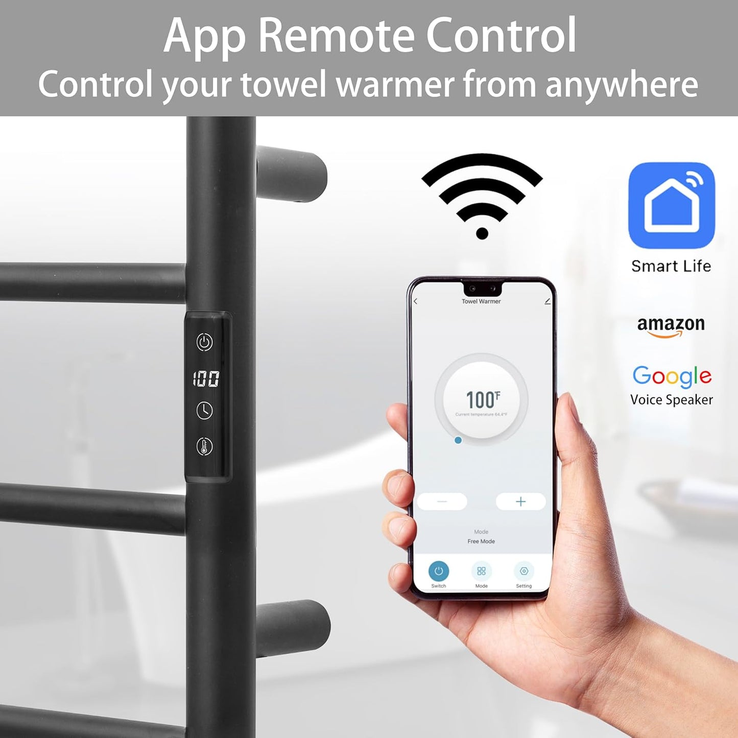 KEG Smart WiFi Towel Warmer Wall Mounted with Built-in Timer and Temperature Adjust Control, 12 Bars Electric Stainless Steel Heated Towel Racks for Bathroom Black