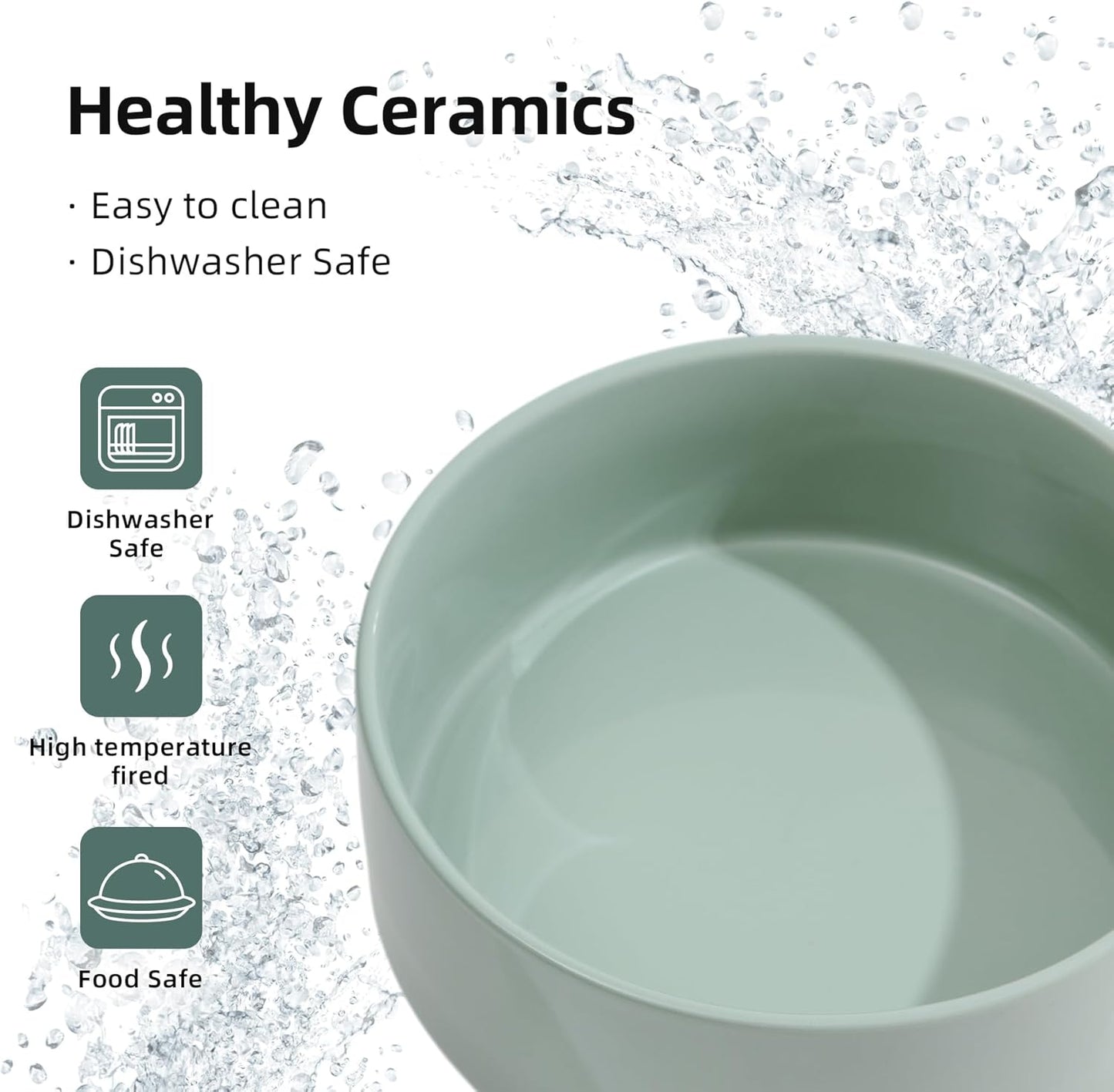 Ceramic 5.1inch Set of 2 Dog and Cat Bowls, 2pcs Anti-Slip Food and Water Feeder Dishes for Puppies, Kitties, Cats(2 Bowls, Light Green)