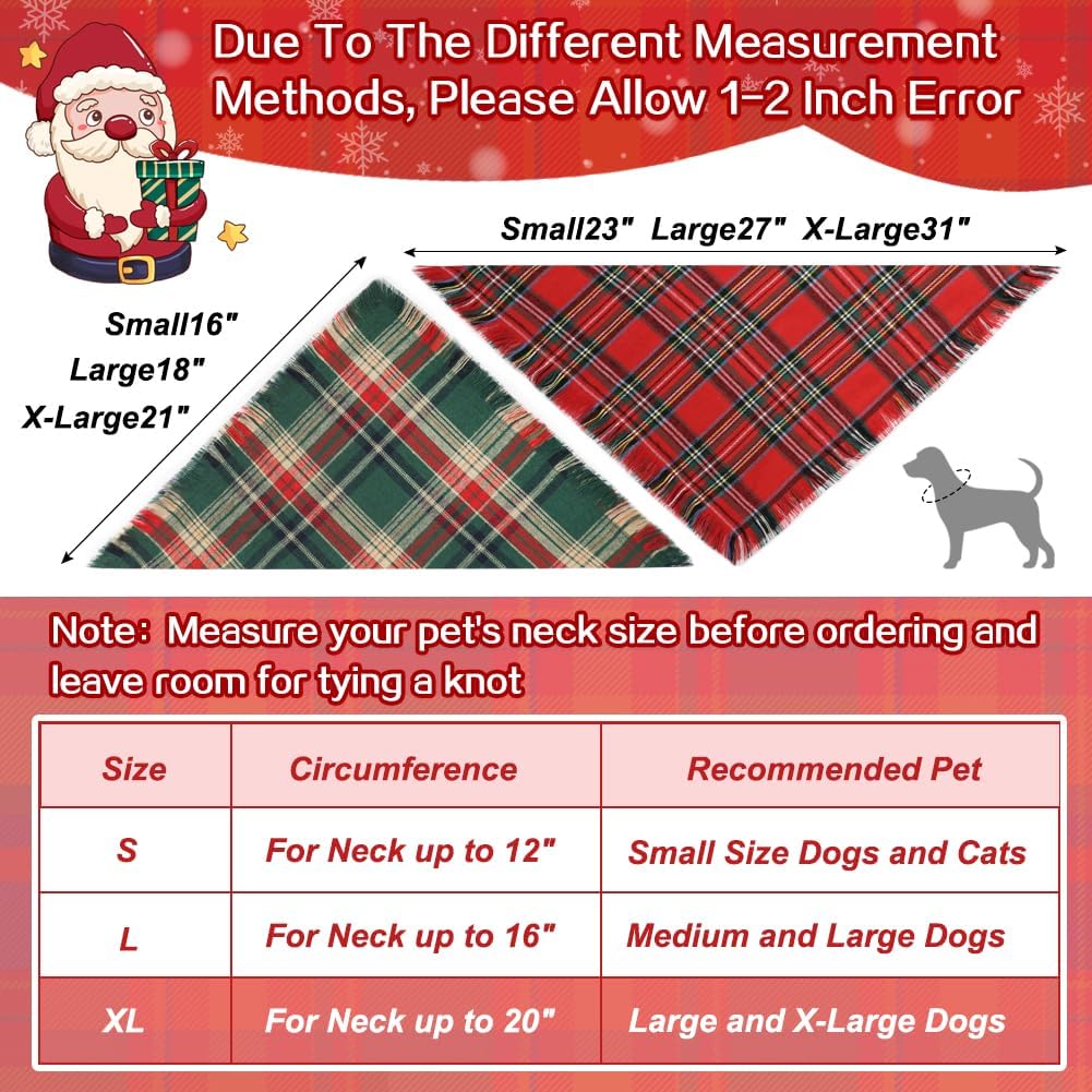 Vivifying Dog Christmas Bandana with Tassels Edges, 2 Pack Classic Plaid Triangle Pet Apparel & Accessories, Funny Holiday Dog Scarf Costume for Photo Prop, and Party Decor (X-Large, Red&Green)