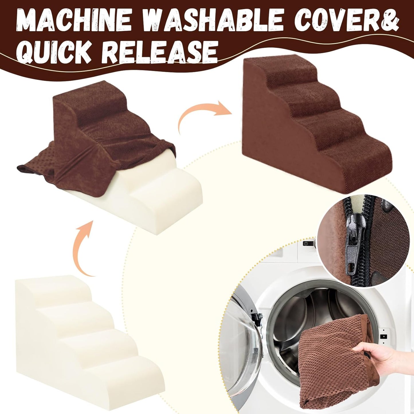 Dog Stairs for Small Dogs - High Density Foam Pet Steps, Extra Wide Dog Ramp with Non-Slip Bottom for High Beds, Couch and Sofa, Best for Dogs Injured, Older Doggy Cats,4 Steps, Brown