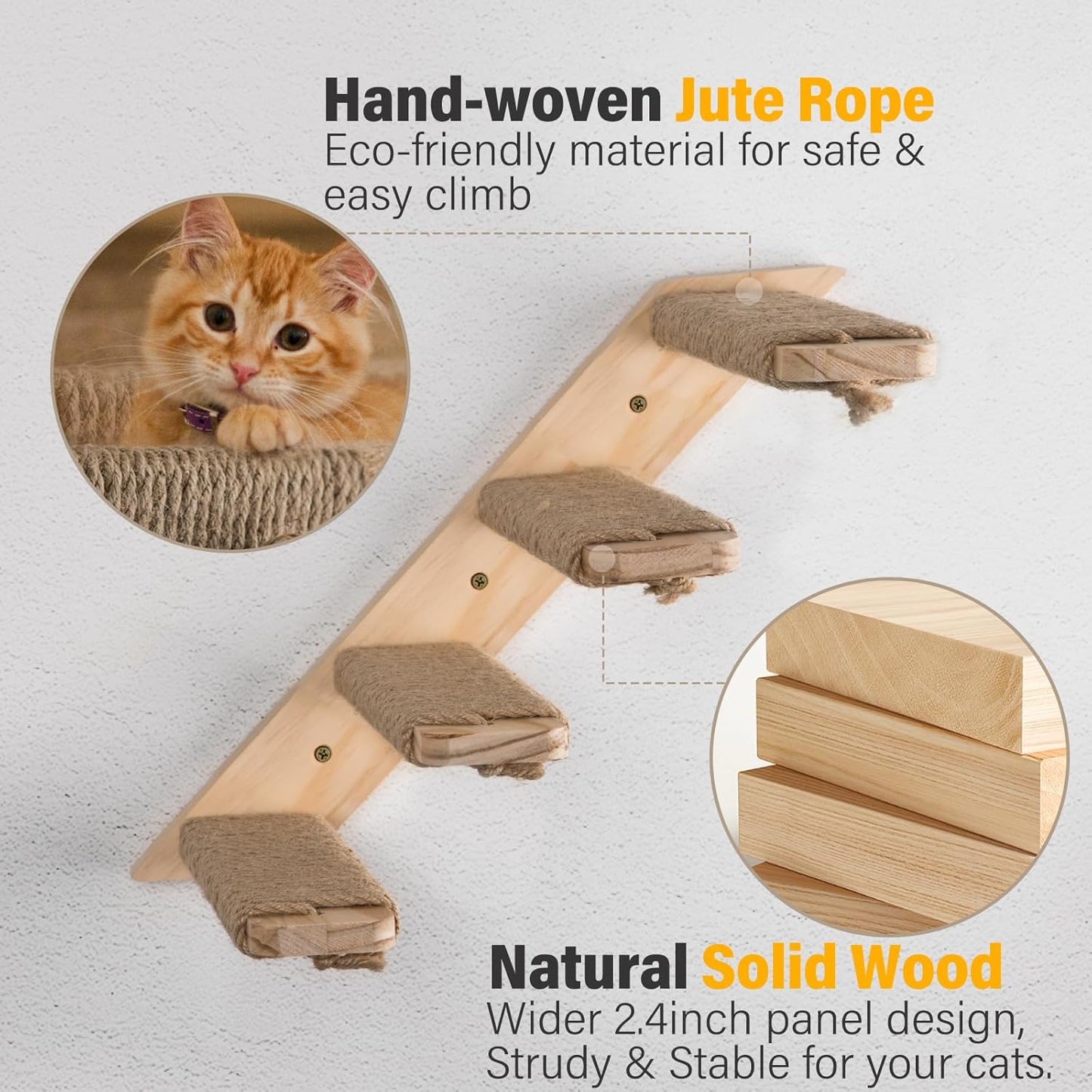 4-Step Cat Wall Shelves and Stairs With Sisal Rope - Improved & Stronger Tree Supplies, Large, Brownish White