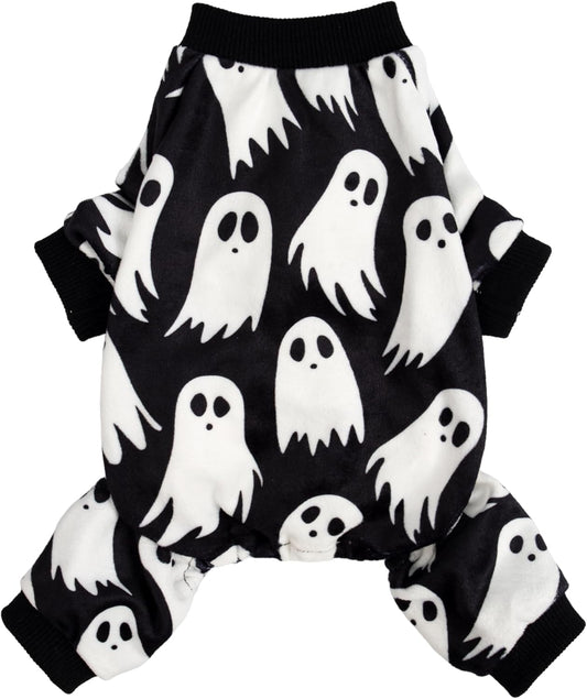 Fitwarm Halloween Ghost Dog Pajamas, Funny Halloween Costumes for Dogs, Fleece Dog Onesie with Feet, Doggy Clothes for Small Dogs Boy Girl, Pet Apparel, Black, White, Large