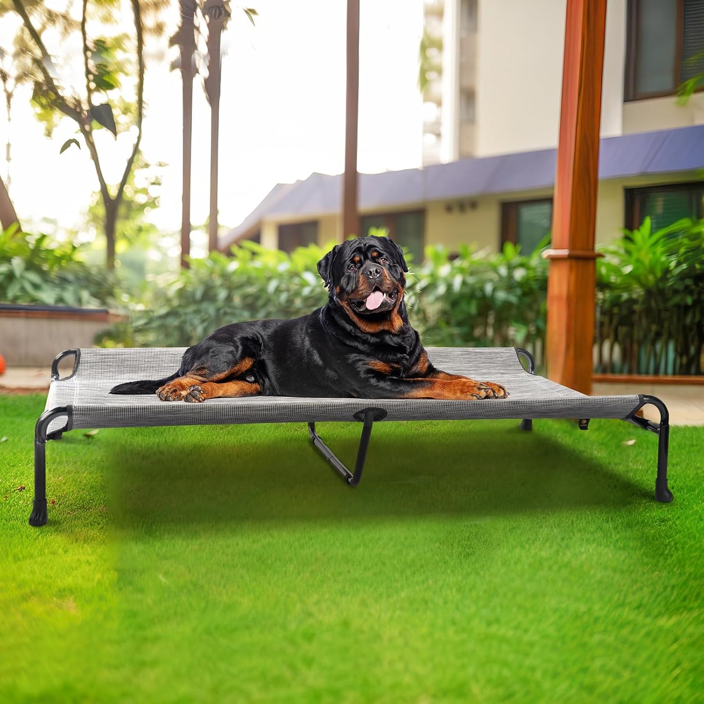 Veehoo Cooling Elevated Dog Bed, Raised Dog Beds for Large Dogs, Outdoor Dog Bed with Guardrail, Upgraded Non-Slip Feet, Breathable Teslin Mesh, Portable Camping Dog Cot, 47 x 29 Inches, Black Silver