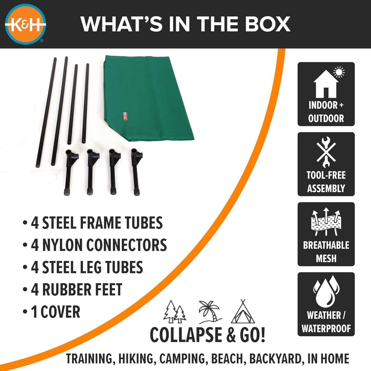 K&H Pet Products Cooling Elevated Dog Bed, Outdoor Raised Cot with Waterproof Breathable Mesh for Large Dogs, Portable Place Bed with Heavy-Duty Metal Frame, Big Hammock Style - Large Green