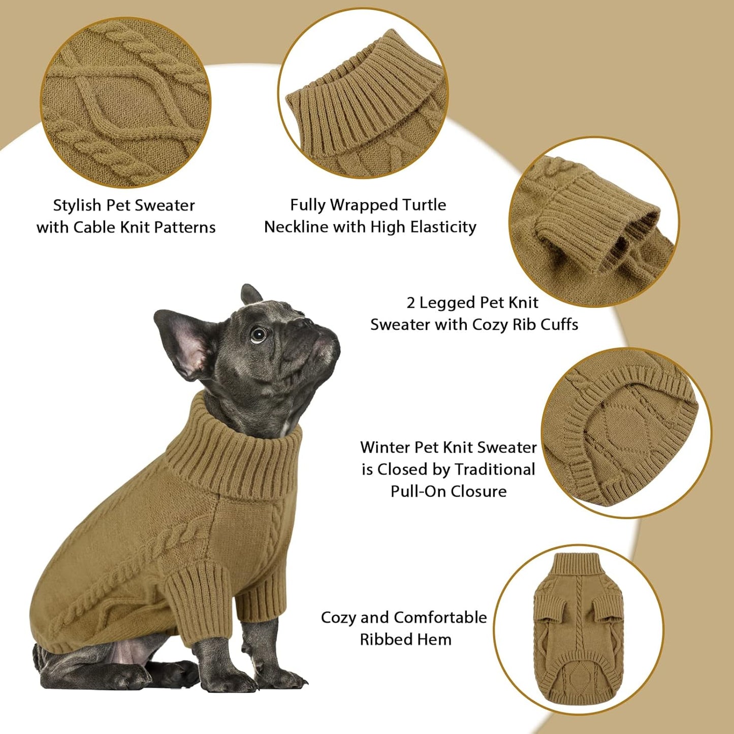 Queenmore Small Dog Pullover Sweater, Cold Weather Cable Knitwear, Classic Turtleneck Thick Warm Clothes for Chihuahua, Bulldog, Dachshund, Pug (Light Brown, Medium)