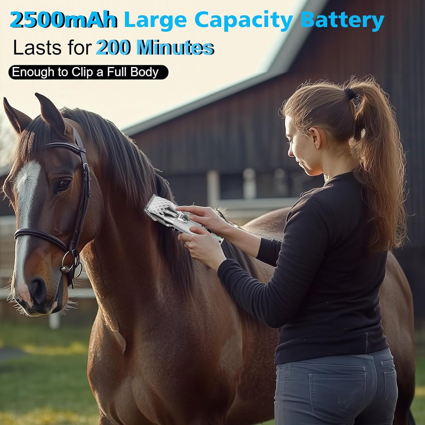 Horse Clippers, Cordless Trimmers Grooming Kit with 2500mAh Battery，Low Noise Heavy Duty Body Clipping Machine with LED Display, Suitable for Horse, Cattle, Cat, Dog with Thick/Tangled Coat