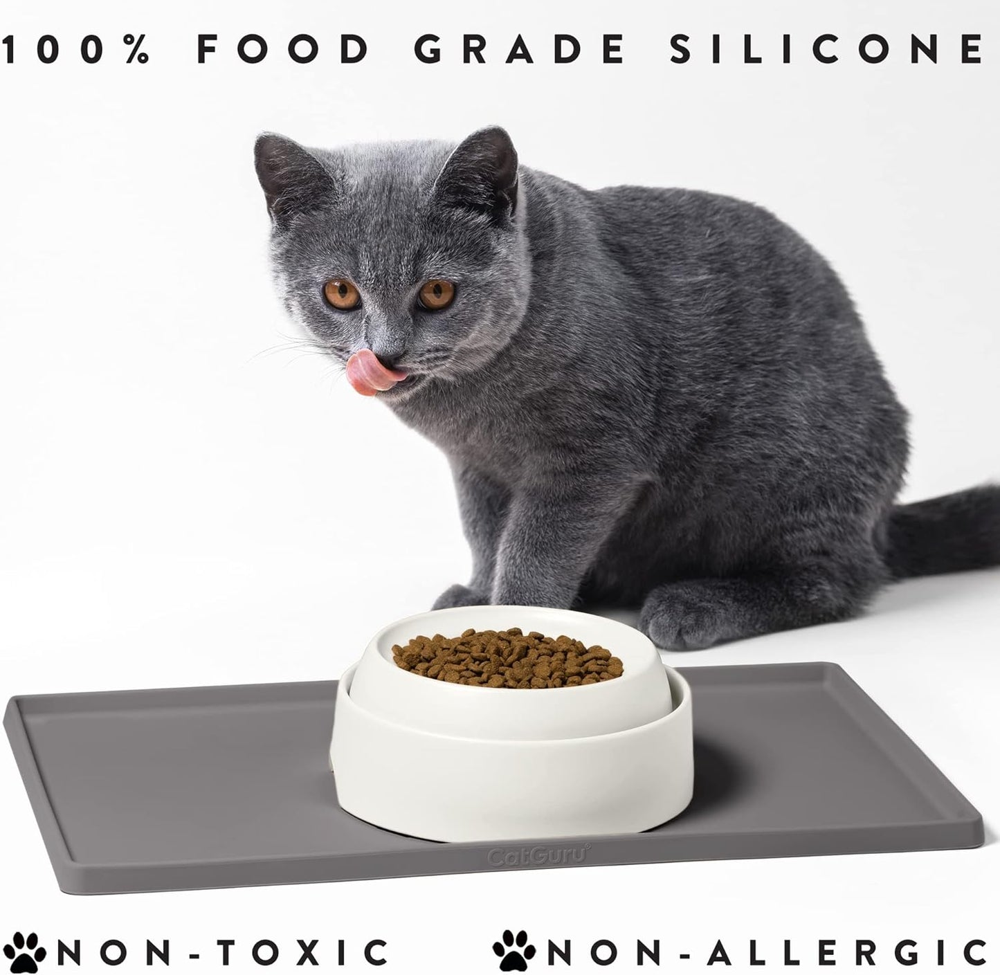 CatGuru Cat Food Mat, Small & Large Feeding Mats, 100% Waterproof Silicone Pet Placemat, Non-Slip Cat Food and Water Bowl or Water Fountain (Large, Carbon)