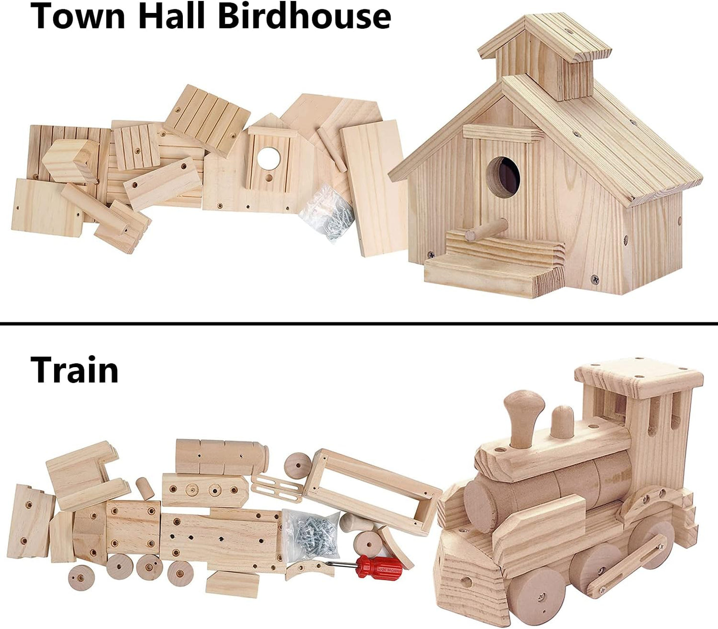 Kraftic Woodworking Building Kit for Kids and Adults, 2 Educational DIY Carpentry Construction Wood Model Kit Toy Projects for Boys and Girls - Build a Wooden Town Hall Birdhouse and Train