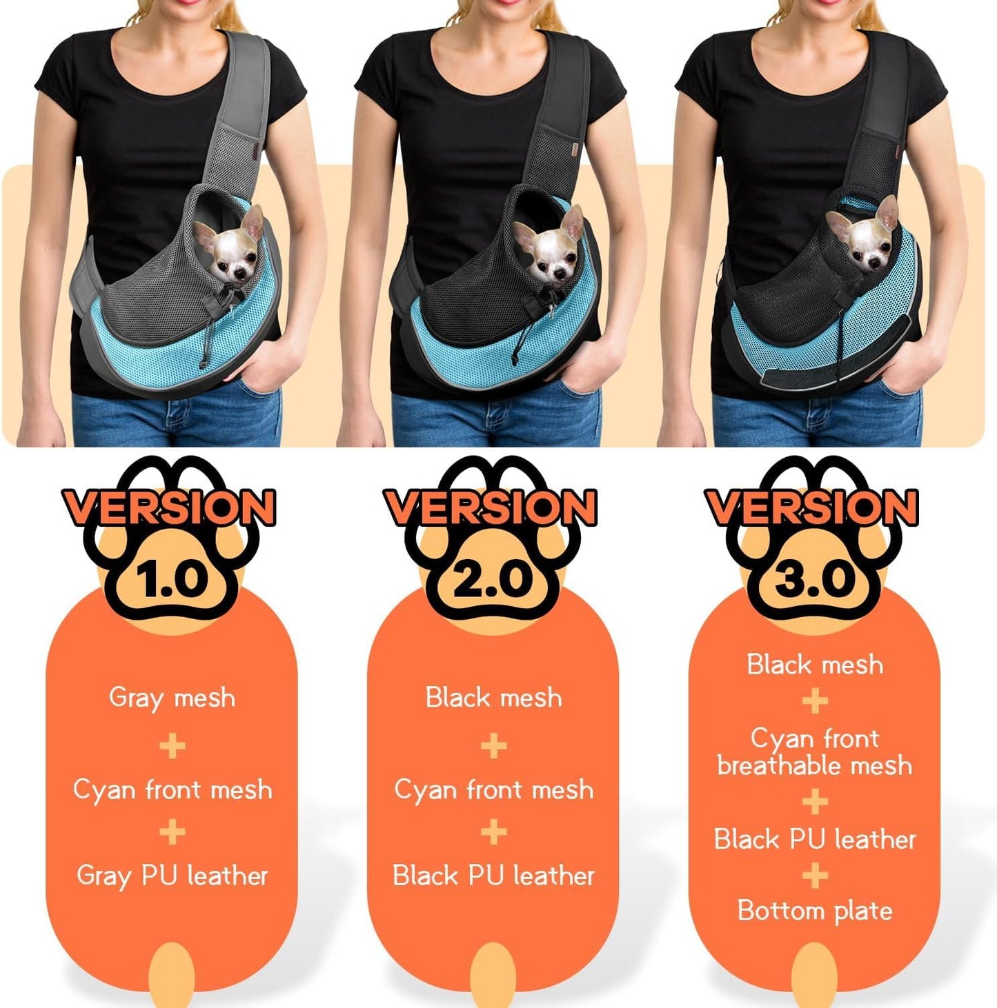 YUDODO Pet Sling Carrier for Small Dogs & Cats – Hands-Free Puppy Carrier with Safety Hook, Large Zipper Pocket, Soft Breathable Mesh, Adjustable Strap & Reflective Strip (Cyan 1.0 M)