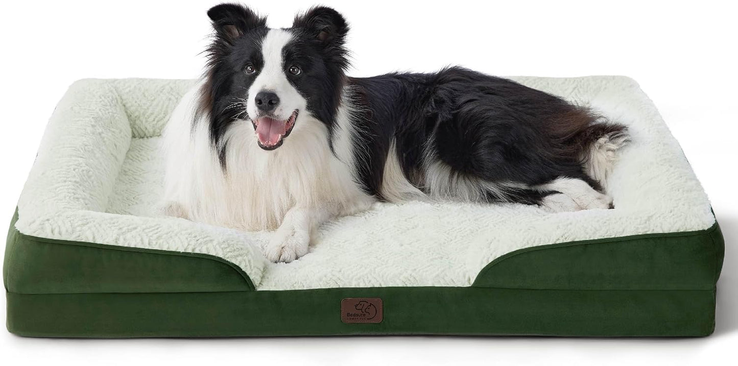 Bedsure Orthopedic Dog Beds Large Sized Dog - Washable Large Dog Cat Bed Waterproof, Comfort Dogs Couch Sofa with Washable Removable Cover, Pet Bed with Nonskid Bottom, Plush-Green, 35"