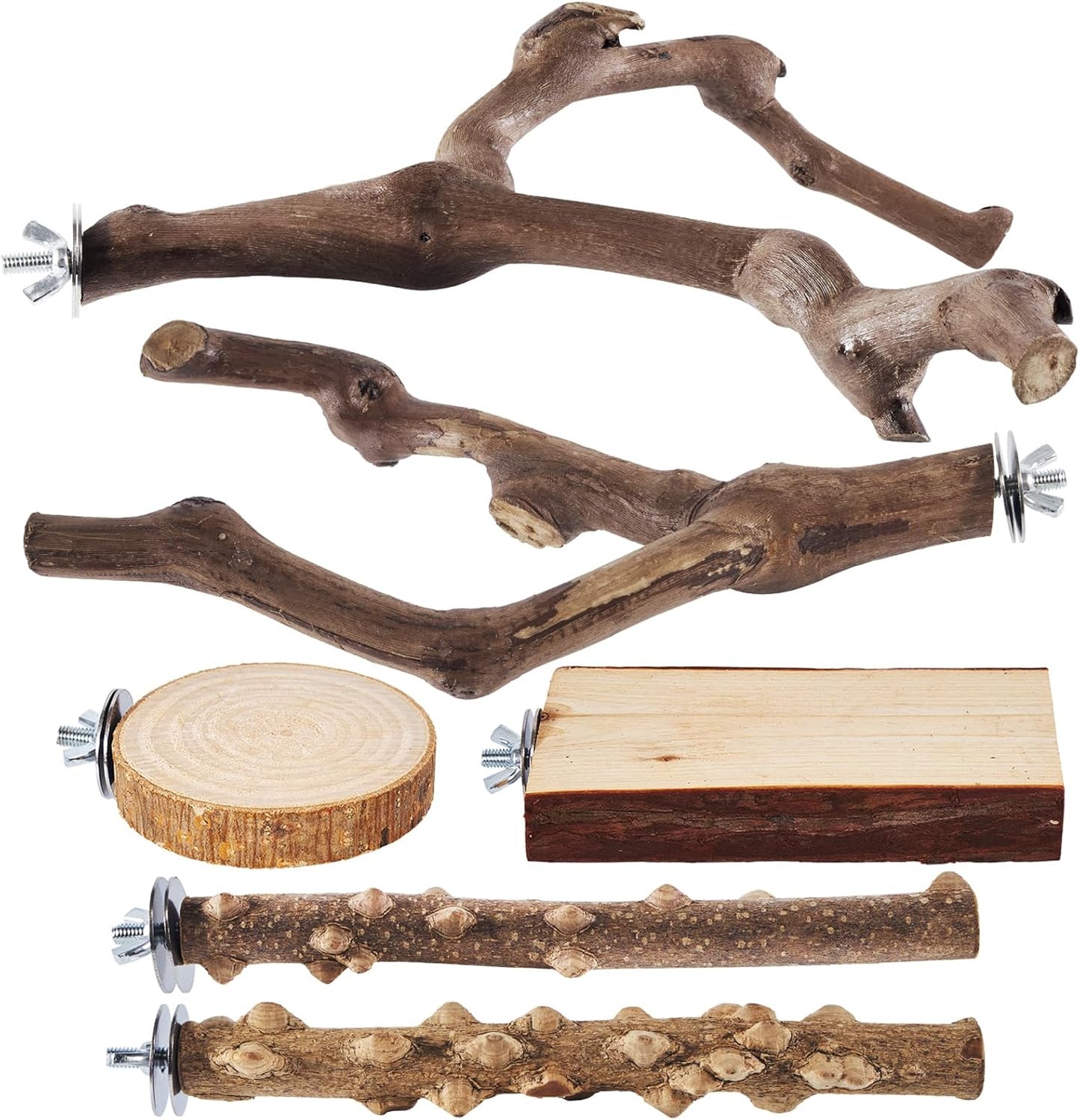 6-Piece Bird Perch Set - Natural Wood Grape Sticks, Paw Grinding Forks, Bird Stand & Toys for Parakeets, Cockatiels, Conure, Budgies