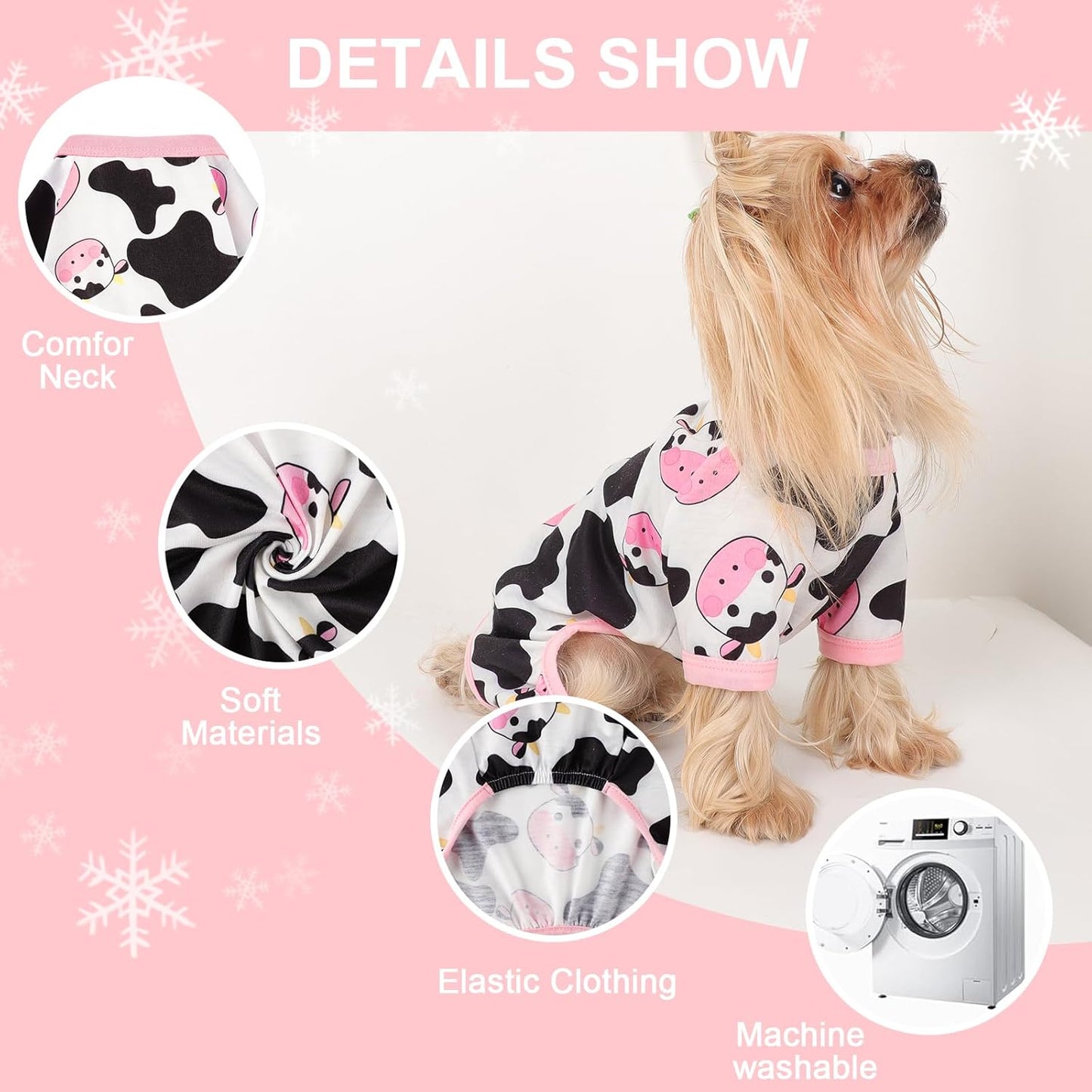 Dog Pajamas Small Sized Dogs Stretchable Summer Dog Clothes Pjs 4 Legs Girl Boy Cute Soft Puppy Outfits Doggie Cat Jammies Jumpsuit Sleeper for Pet, Pink Cow, S