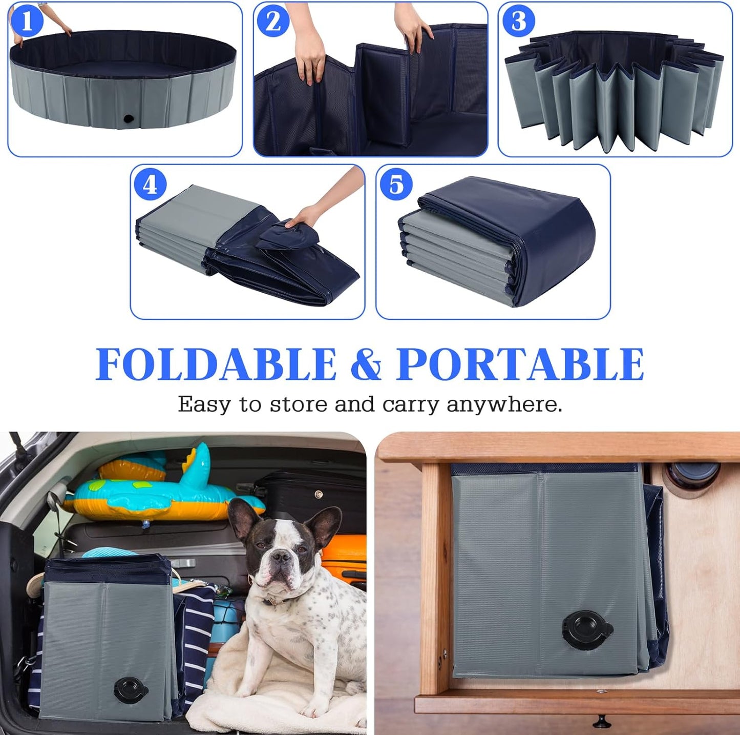 Foldable Dog Bath Swimming Pool Plastic Kiddie Pool Professional Tub Collapsible Grooming Bathtub for Pets Kids Baby and Toddler, 39.5 x 12 Inches Gray