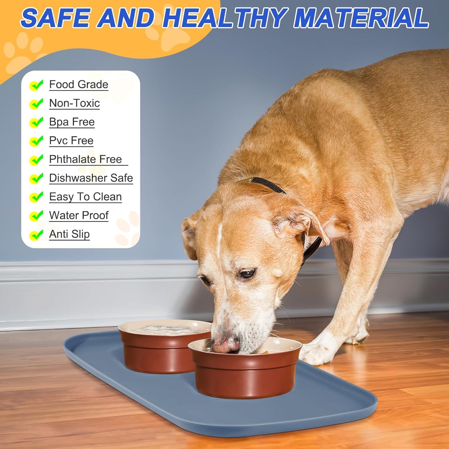 Silicone Pet Feeding Mat with Raised Edge for Food and Water, Dog Bowl Mats, Cat Bowls Placemat with High Lip for Floor Waterproof, Rubber Tray for Cats and Dogs 22 x 14 x0.8 Slate Blue