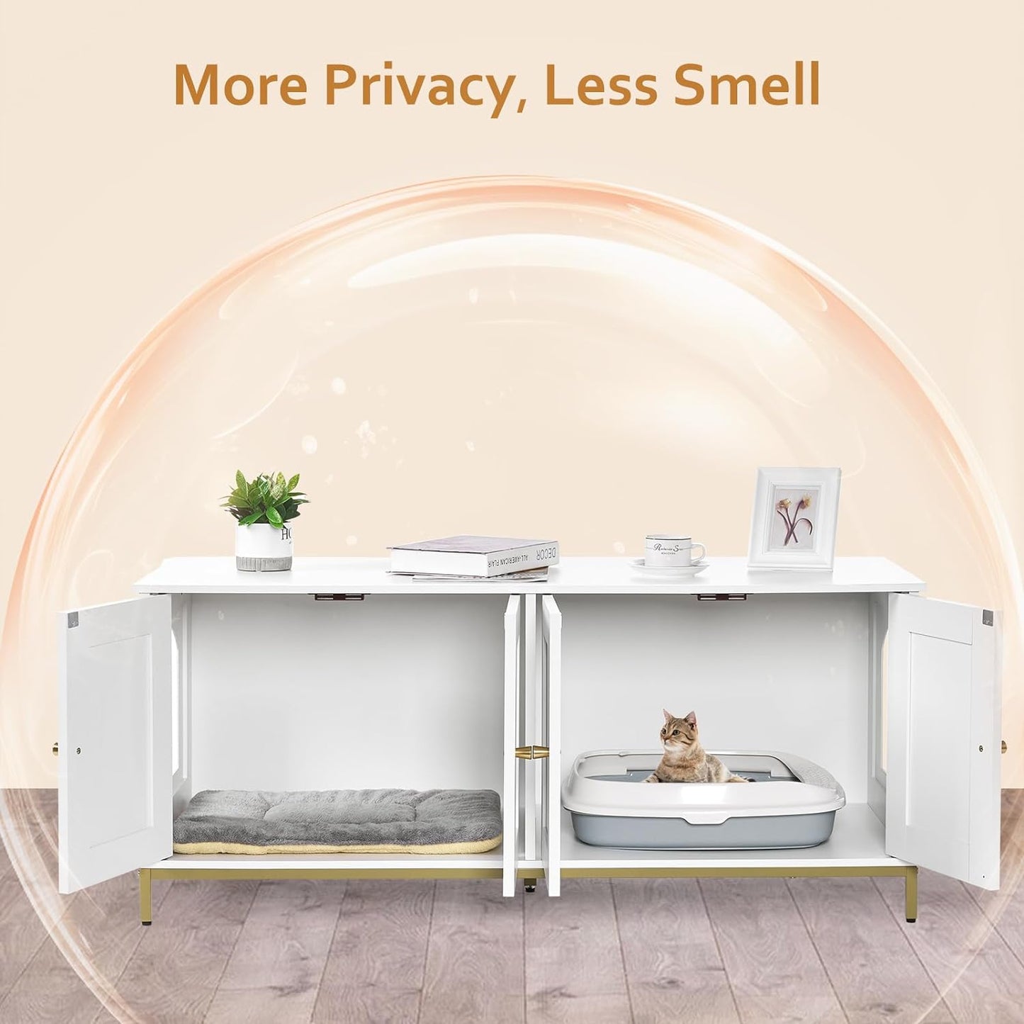 Homhedy Cat Litter Box Enclosure for 2 Cats, Cat Washroom Furniture with Double Room, Pet House with Metal Frame, 47.2”L x 17.7”W x 21.7”H, White and Gold