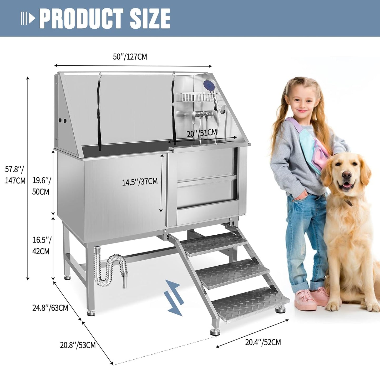 50" Pet Dog Bathing Station W/Ramp, Professional Stainless Steel Dog Grooming Tub W/Soap Box, Faucet,Rich Accessory, Dog Bathtub for Large,Medium,Small Pets, Washing Sink for Home (50" Right ramp)