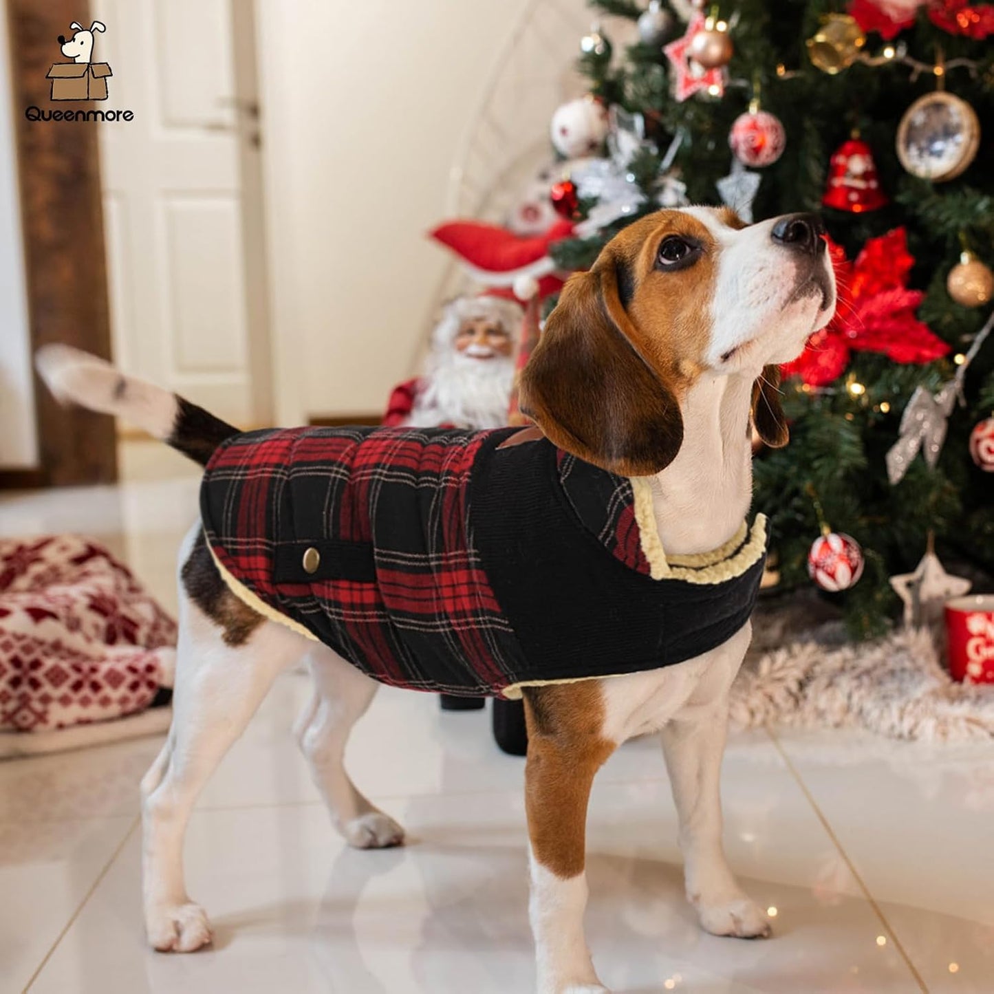 Queenmore Dog Winter Coat Warm Dog Jacket for Cold Weather, Quilting Puffer Plaid Coats for Small/Medium Dogs Waterproof,Girl/Boy Pet Christmas Coat,Pet Snowsuit with Leash Hole/Fleece Padding, XS