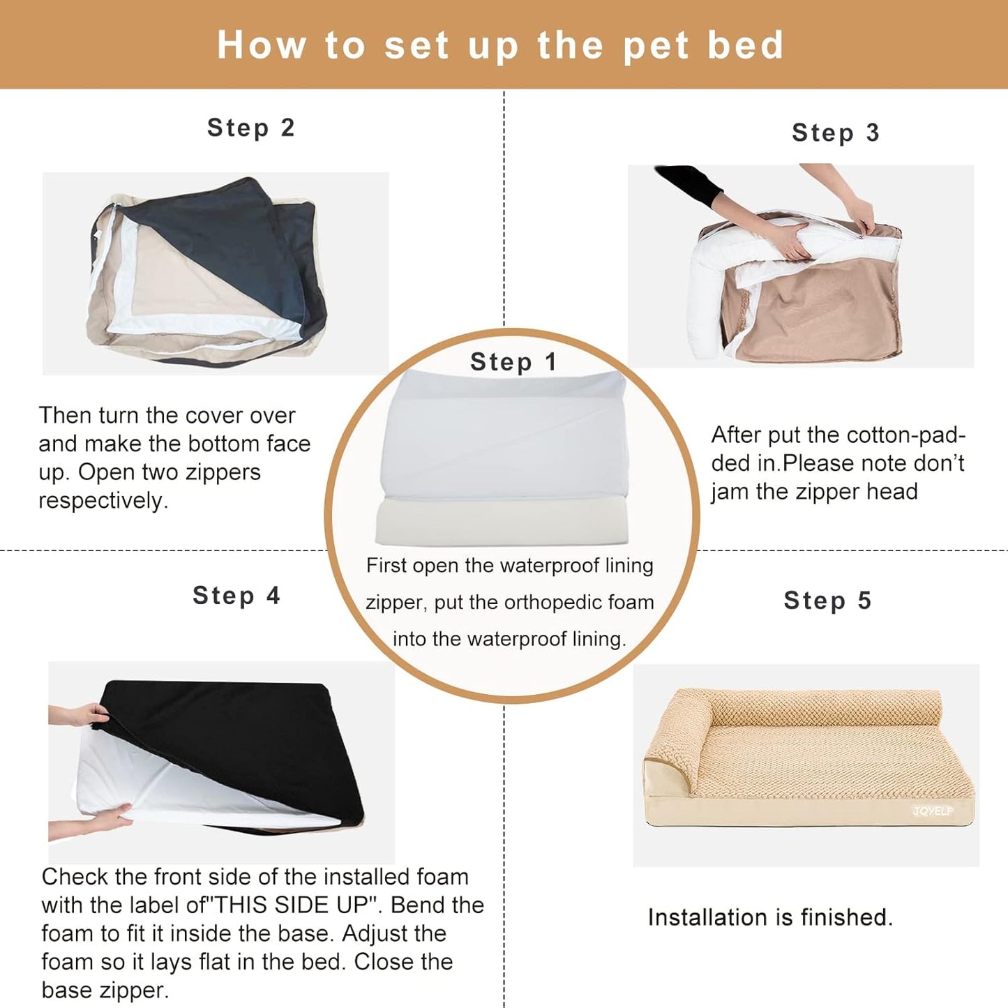 JOYELF Orthopedic Dog Bed for Medium Dogs,U-Shaped Foam Sofa Bed, Bolster Waterproof Pet Bed with Removable Washable Cover and Nonskid Bottom, for Small to Medium Dogs - Khaki