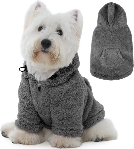 IDOMIK Fuzzy Dog Sweater with Adjustable Hood, Warm Fleece Dog Sweater Hoodie with Harness Hole & Pocket, Pullover Sweaters for Small Dogs, Fuzzy Hooded Sweatshirt for Fall Winter Christmas,Grey,S