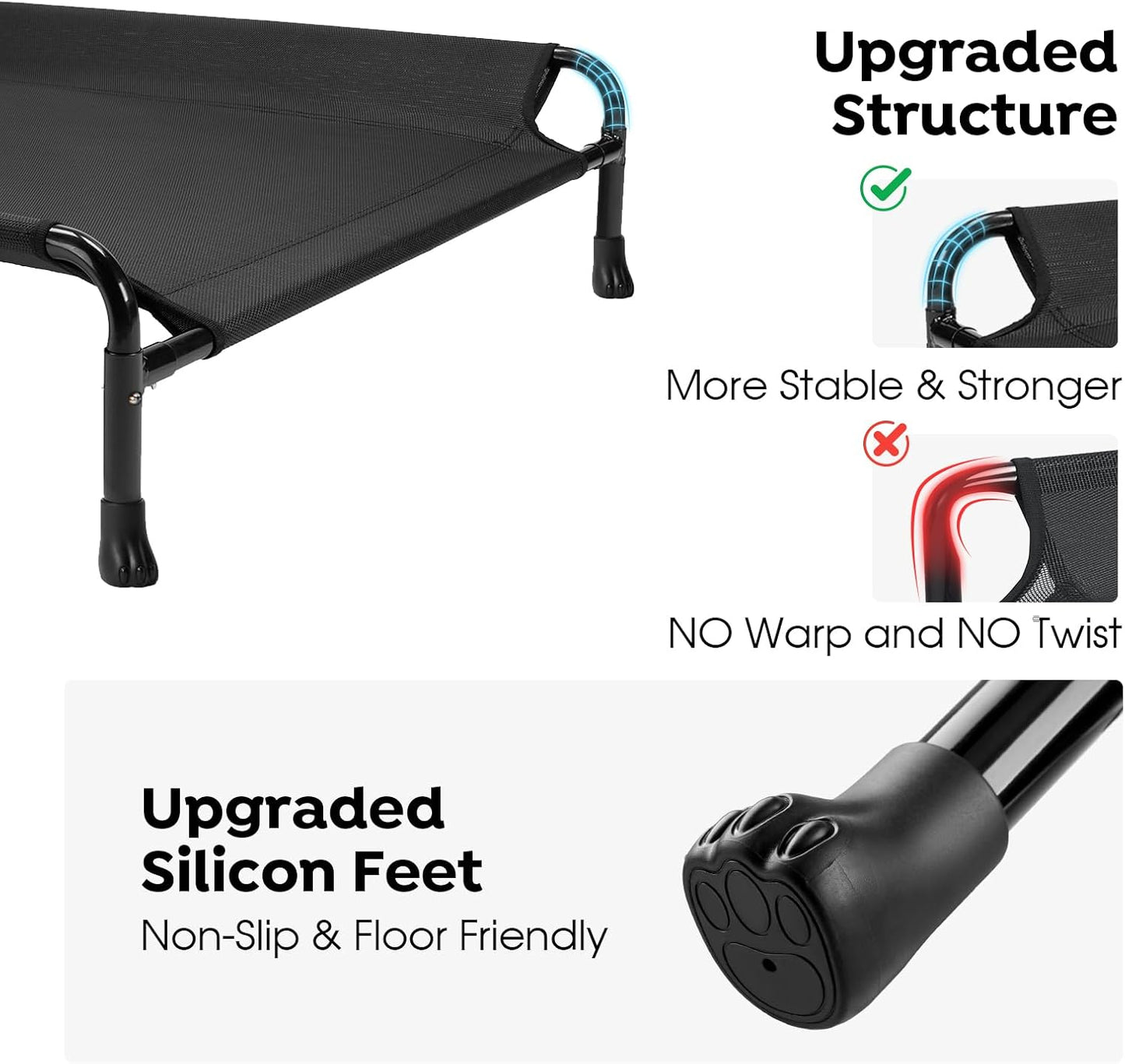 Veehoo Elevated Dog Bed, Cooling Raised Dog Bed with Guardrail & Headrest, Upgraded Non-Slip Silicon Feet, Breathable Teslin Mesh, Portable Pet Cot for Indoor and Outdoor, 35 x 22 Inches, Black