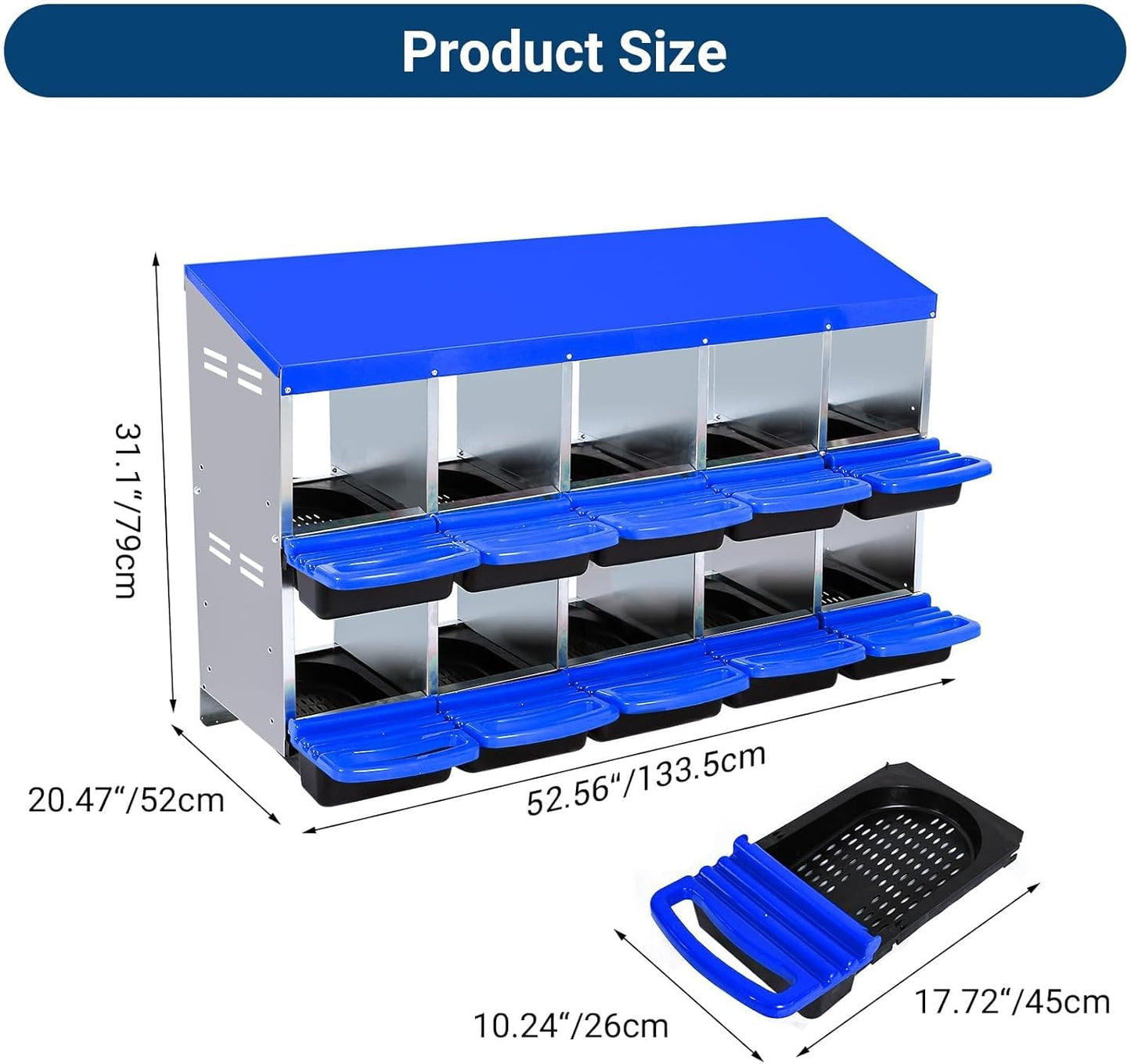 Chicken Nesting Boxes, 10 Hole Metal Chicken Laying Box with with Removable Trays and Roll Out Egg Collection for Chicken Coop, Blue