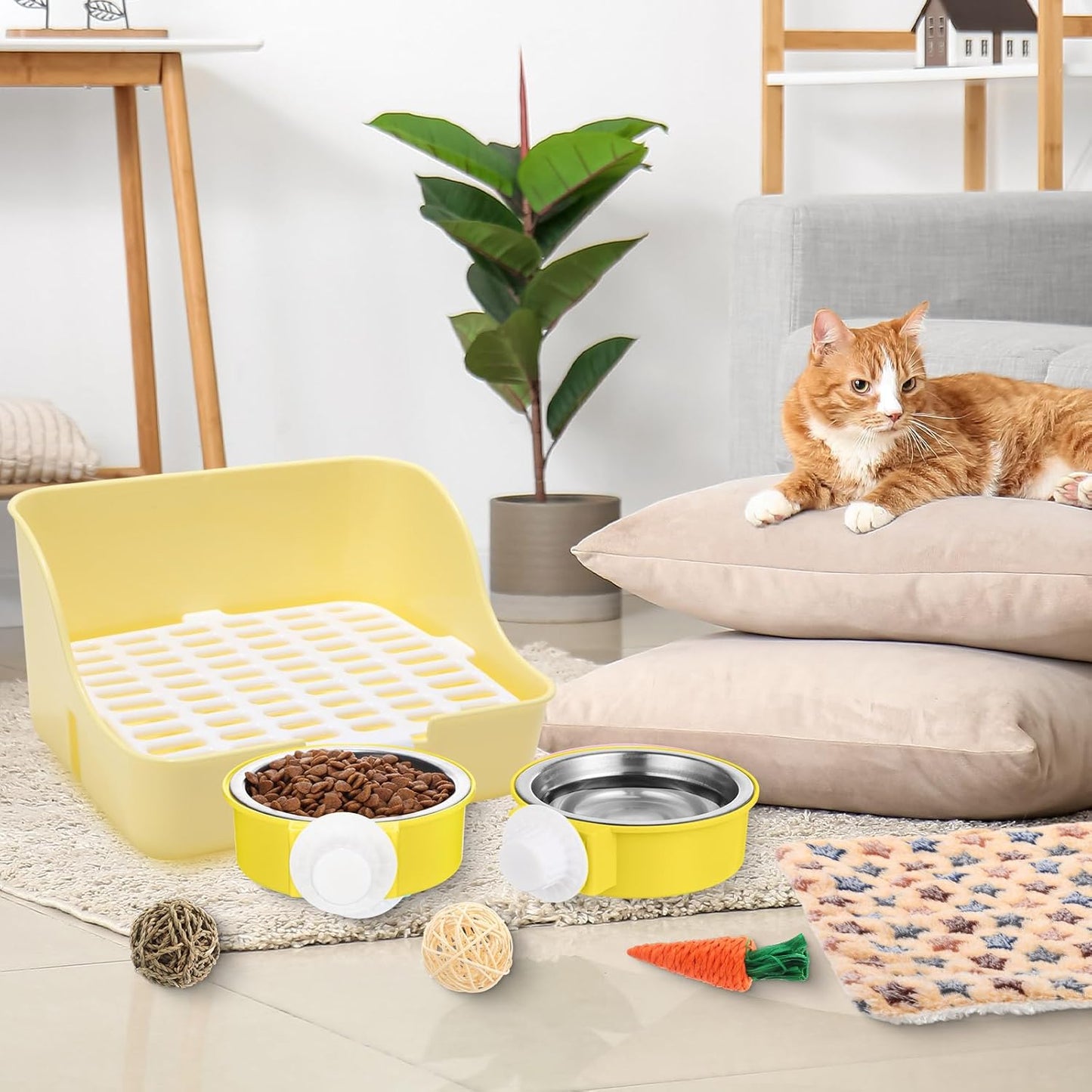 15 Pcs Rabbit Starter Kit Small Rabbit Litter Box Animal Grooming Kit Bunny Toys Bowl Blankets with Cleaning Set for Guinea Pig Accessories(Blue)