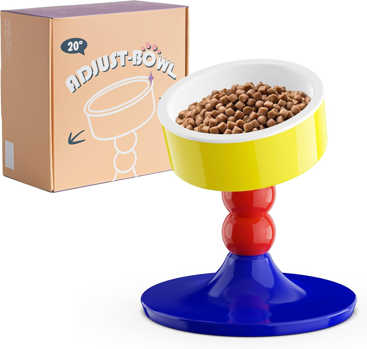 Ceramic Elevated Raised Cat Bowls,Cat Food Dish with Stand, 3 Height Adjustable Raised Dog Bowl Stand for Small Dogs Cats, Adjusts to 4.69", 5.98", 7.28" (Red & Blue)