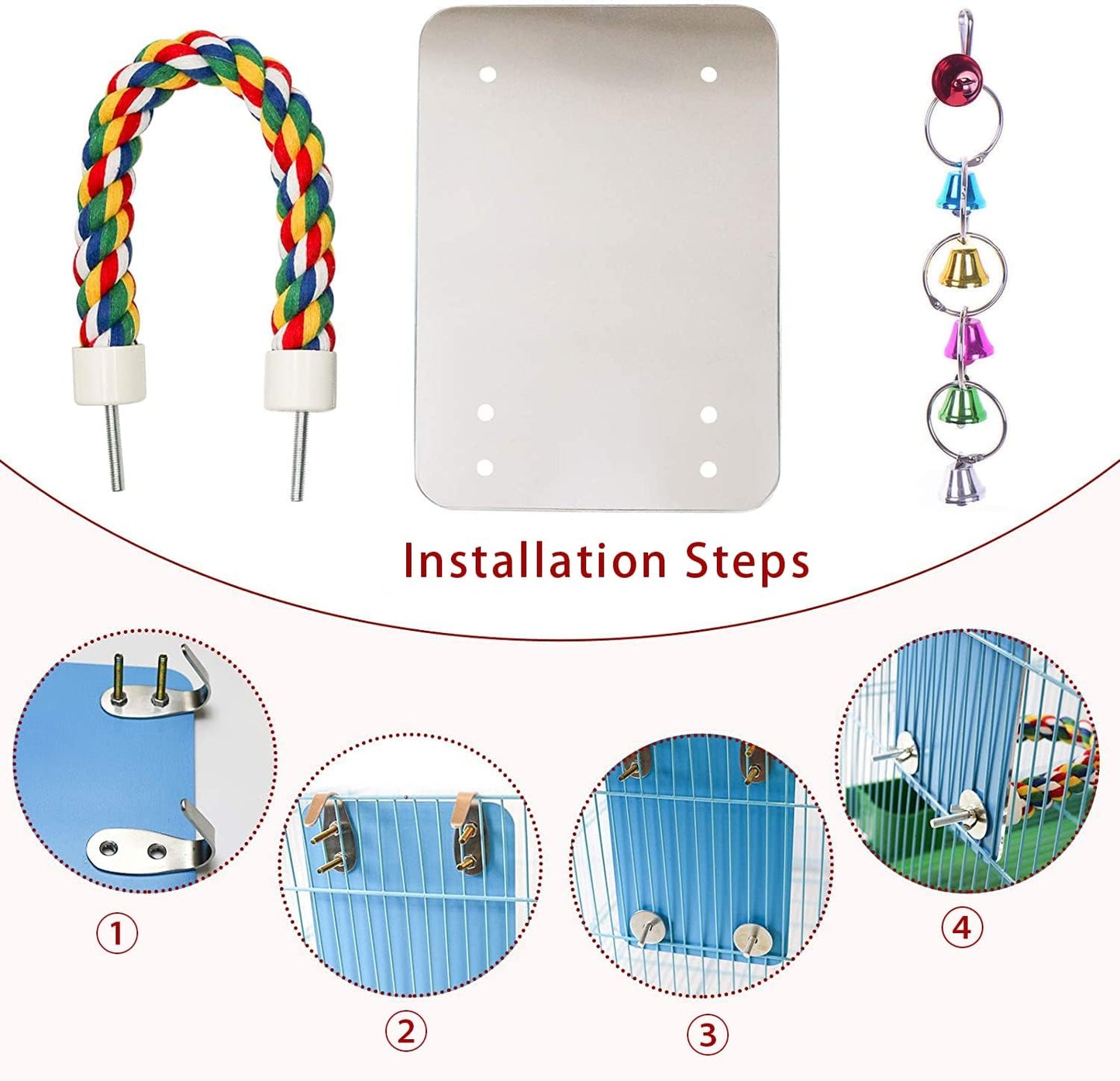 7" Bird Mirror with Rope Perch Bird Toys Swing, Comfy Perch for Greys Amazons Parakeet Cockatiel Conure Lovebirds Finch Canaries