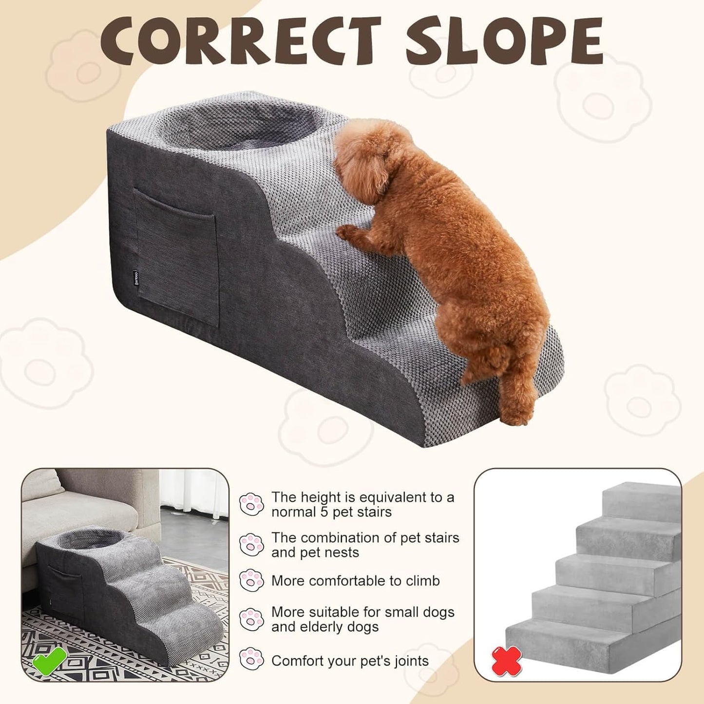 Dog Stairs, Dog Stairs for Small Dogs, 3-Step Pet Stairs, Dog Steps for Bed, Dog ramp, pet Stairs for high beds, Old Dog pet Steps, Non-Slip Pet Step Indoor, Grey