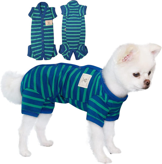 TONY HOBY Dog Pajamas for Medium Small Dogs, Dog Jumpsuit with Stripes 4 Legged Pajamas, Soft Dogs Pet Clothes (Blue&Green, Girl, S)