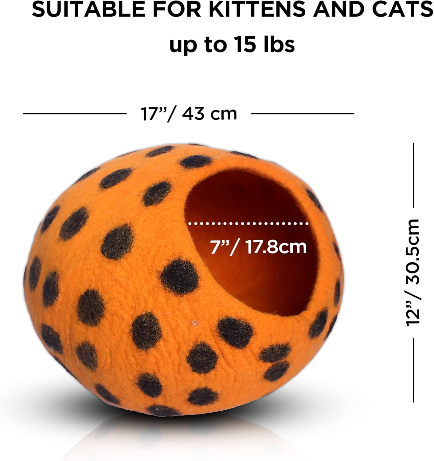 Woolygon Premium Felt Cat Cave Bed - Polka Dot Series - Wool Kitty Beds Handcrafted Kitten Caves Bed for Indoor Cats - Eco-Friendly Merino Wool, Foldable Cat Hideaway Cat Houses (Orange/Black Dots)