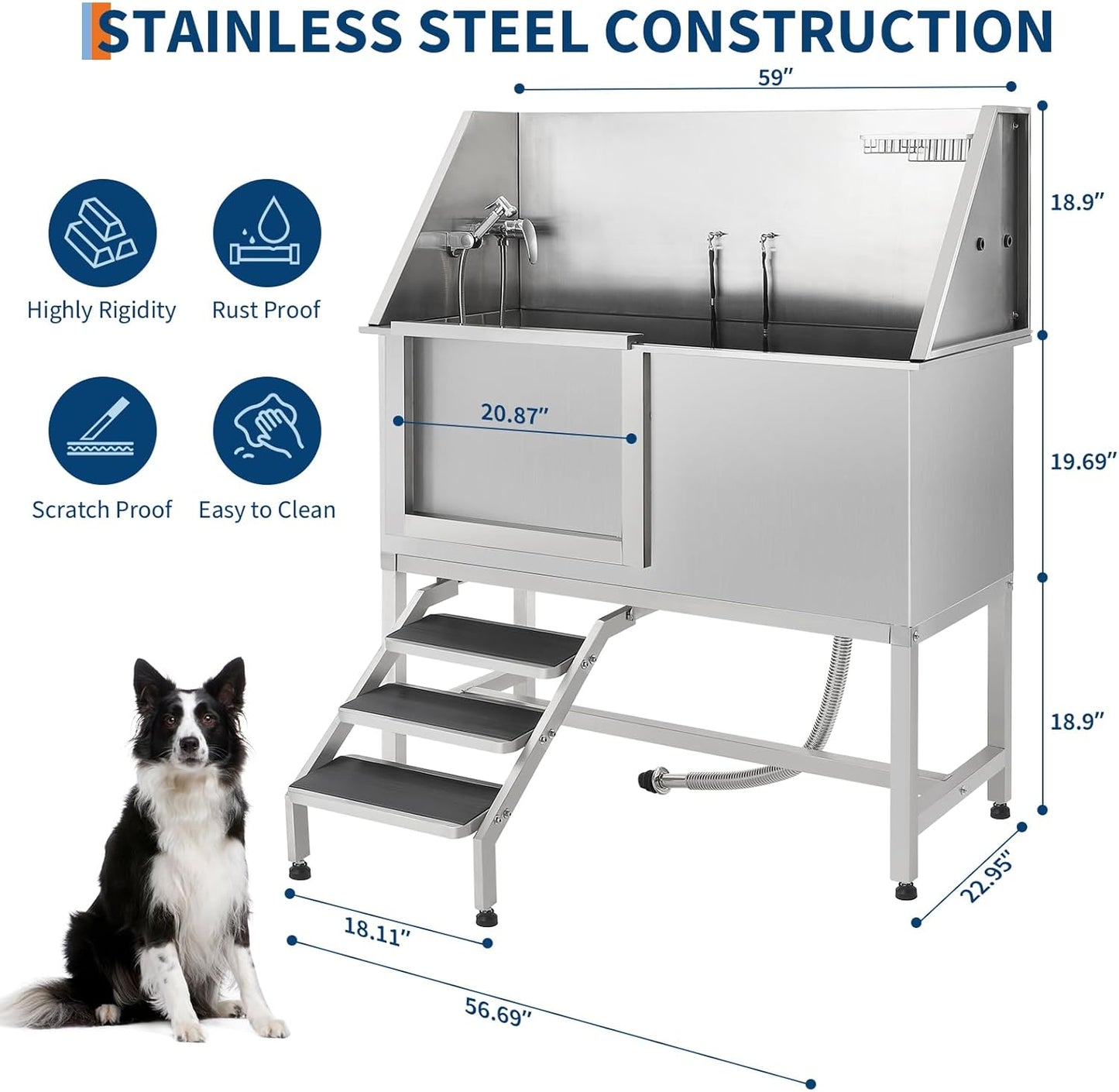 Stainless Steel Dog Washing Station - Dog Bath Tub for Large, Medium, Small Dogs, Pet Grooming Tub with Ramp, Non-Slip Grate, Shower, Soap Box, Faucet, Drain for Home & Outdoor （Left RAMP, 50"）