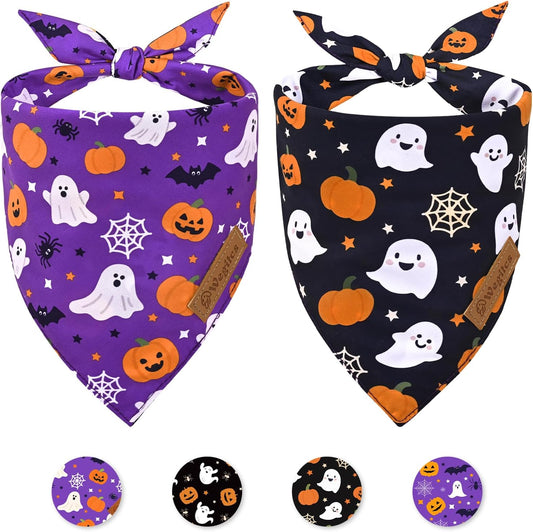 2 Pack Halloween Dog Bandanas,Leather Brand Logo, Double-Layed Soft Skin-Friendly Fabric, Autumn Scarf Accessory for Boys & Girls,Suitable for Halloween, Daily Walks & Family Outings