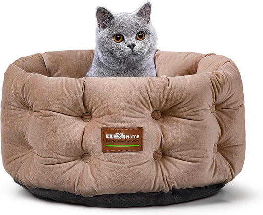 ClevaHome Deep Nest Cat Bed for Small Pets up to 15lbs - Round Cat Beds for Indoor Cats, Luxurious Velvet Feel, Extra High Sides, Machine Washable Comfort Pet Bed with Non-Slip Bottom (Warm Beige)