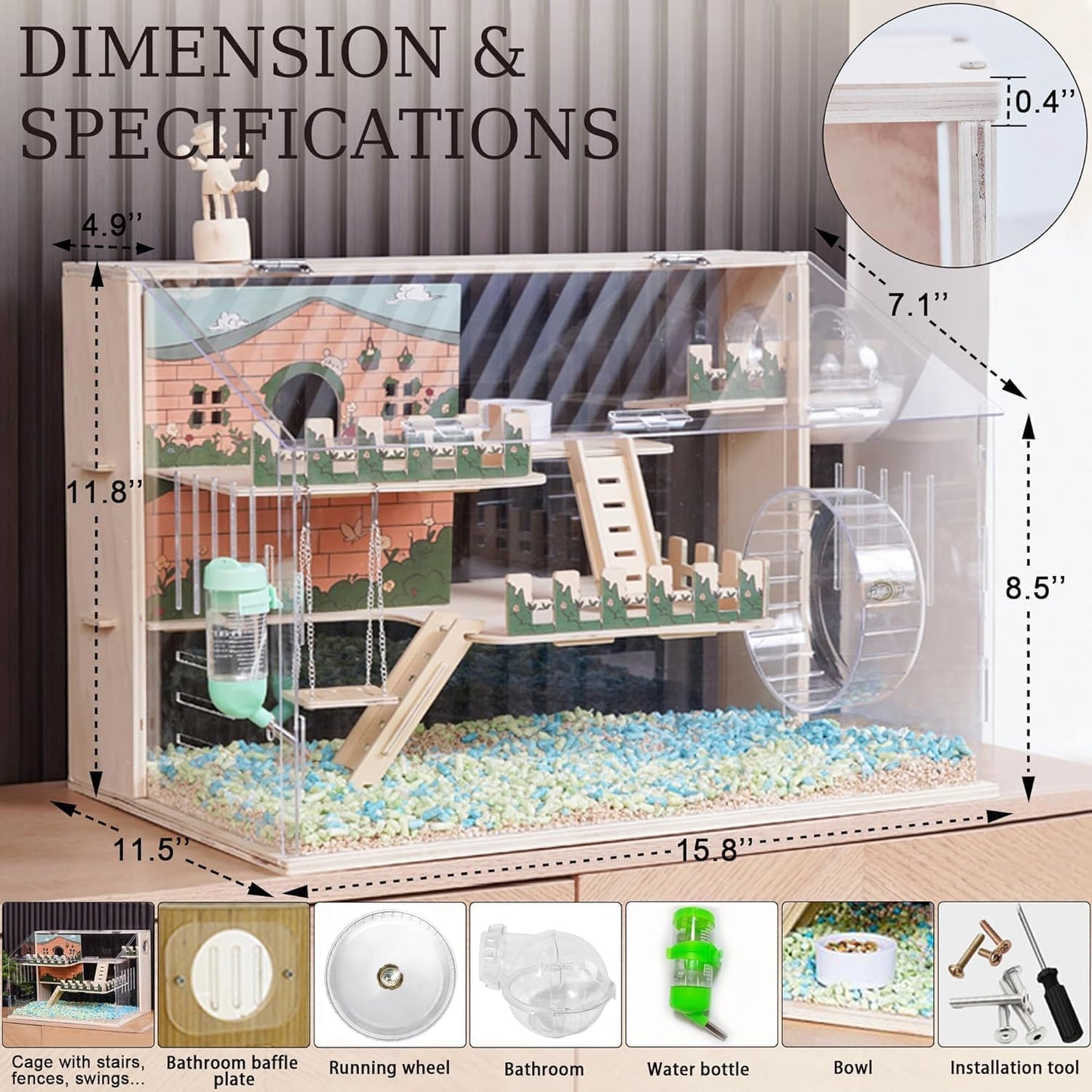 11 in 1 Wooden Hamster Cage with All Accessories, 15.8 Inch 3-Layer Dwarf Hamster Cage Acrylic,Small Animal Cages, Pastoral Style Mouse Cage for Pet Mice, Hedgehog, with Stairs, Fences and Swing