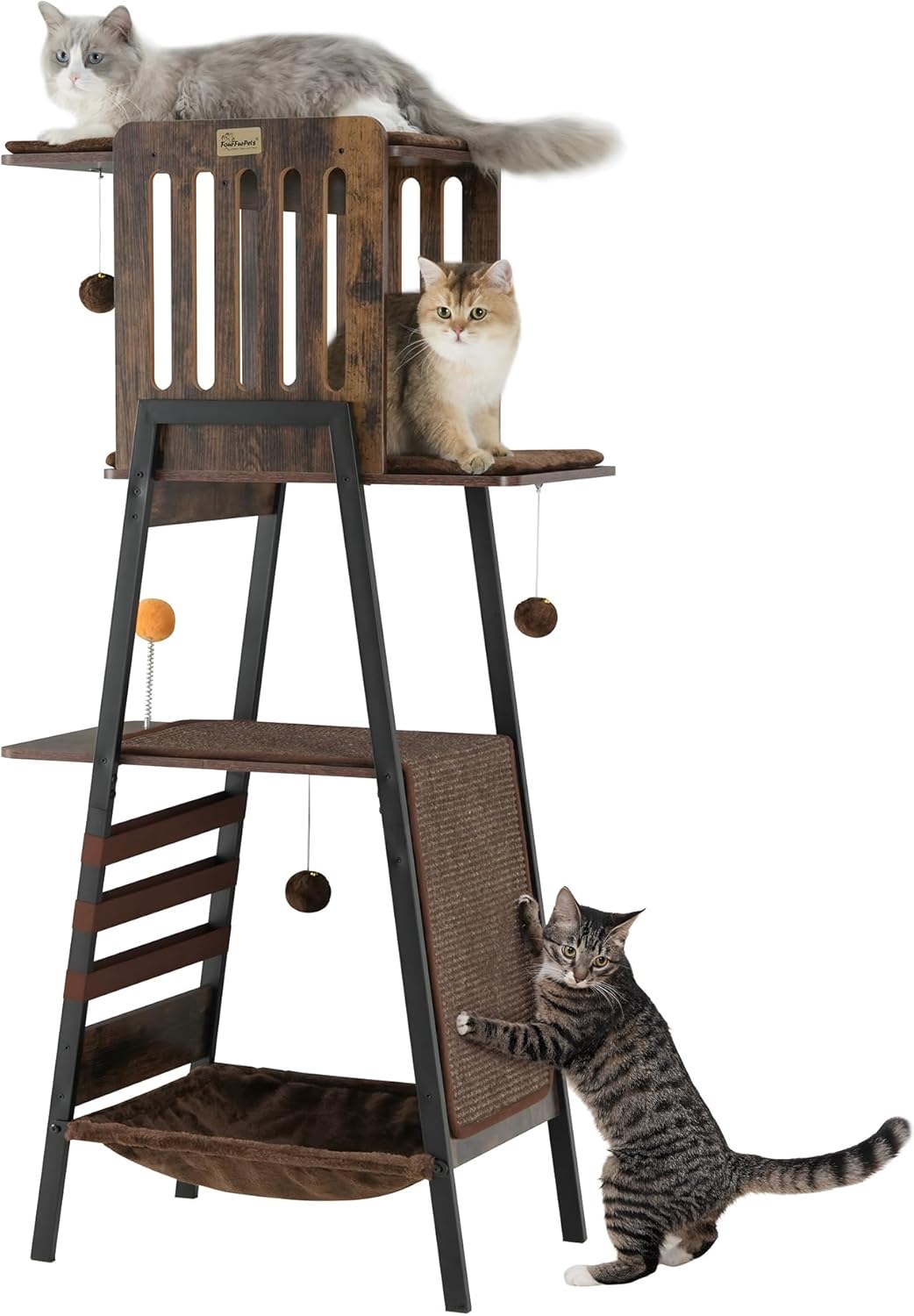 FourFurPets Modern Cat Tree, 58-Inch Cat Tower for Large Cats, Maine Coon Cat Tree with Scratching Board, Large Perch, Hammock and Removable Pads, Rustic Brown