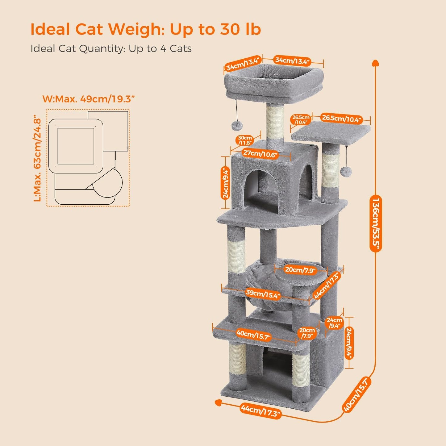 PAWZ Road Cat Tree, 53.5 Inches Tall Cat Tower with Spacious Hammocks, Condos and Scratching Posts, Cat House with Dual Padded Perches for Indoor Large Cats-Gray
