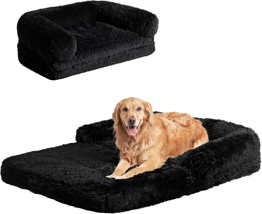 EHEYCIGA Foldable XXL Dog Bed, Faux Fur Fluffy Pet Couch Bed for Extra Large Dogs, Orthopedic Calming Memory Foam Big Pet Bed, Washable Soft Pet Sofa Bed with Non-Slip Bottom, Black, 54"x38"x7.5"