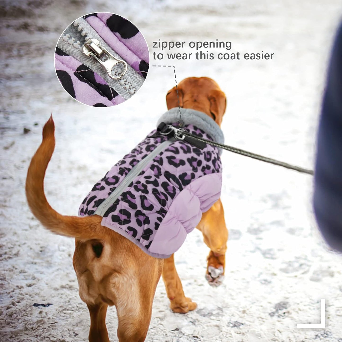 FUAMEY Dog Coat for Large Dogs,Waterproof Dog Winter Jacket with Harness Built in Puppy Cold Weather Coats Reflective Pet Vest with Zipper Warm Fleece Dogs Snowsuit Windproof Purple Leopard L