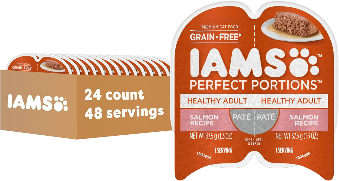 IAMS Perfect Portions Healthy Adult Grain Free Wet Cat Food Pate, Salmon Recipe, 2.6 oz. Easy Peel Twin-Pack Trays (24 Count, 48 Servings)