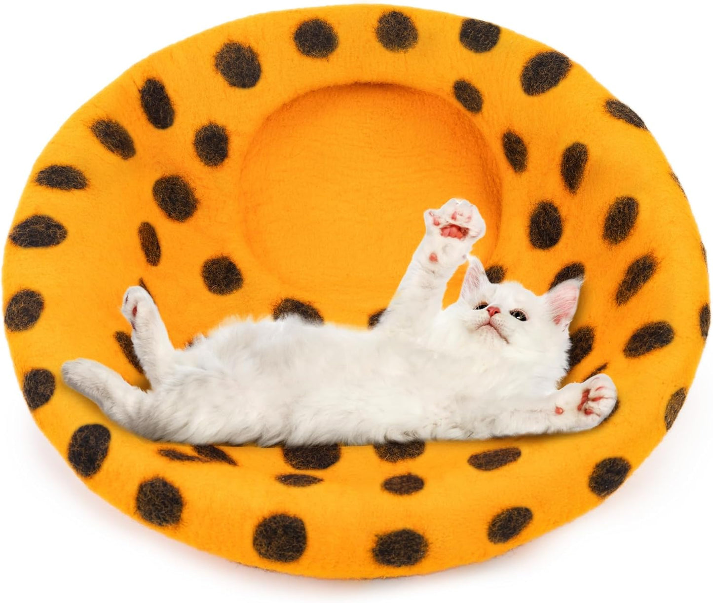 Woolygon Premium Felt Cat Cave Bed - Polka Dot Series - Wool Kitty Beds Handcrafted Kitten Caves Bed for Indoor Cats - Eco-Friendly Merino Wool, Foldable Cat Hideaway Cat Houses (Orange/Black Dots)