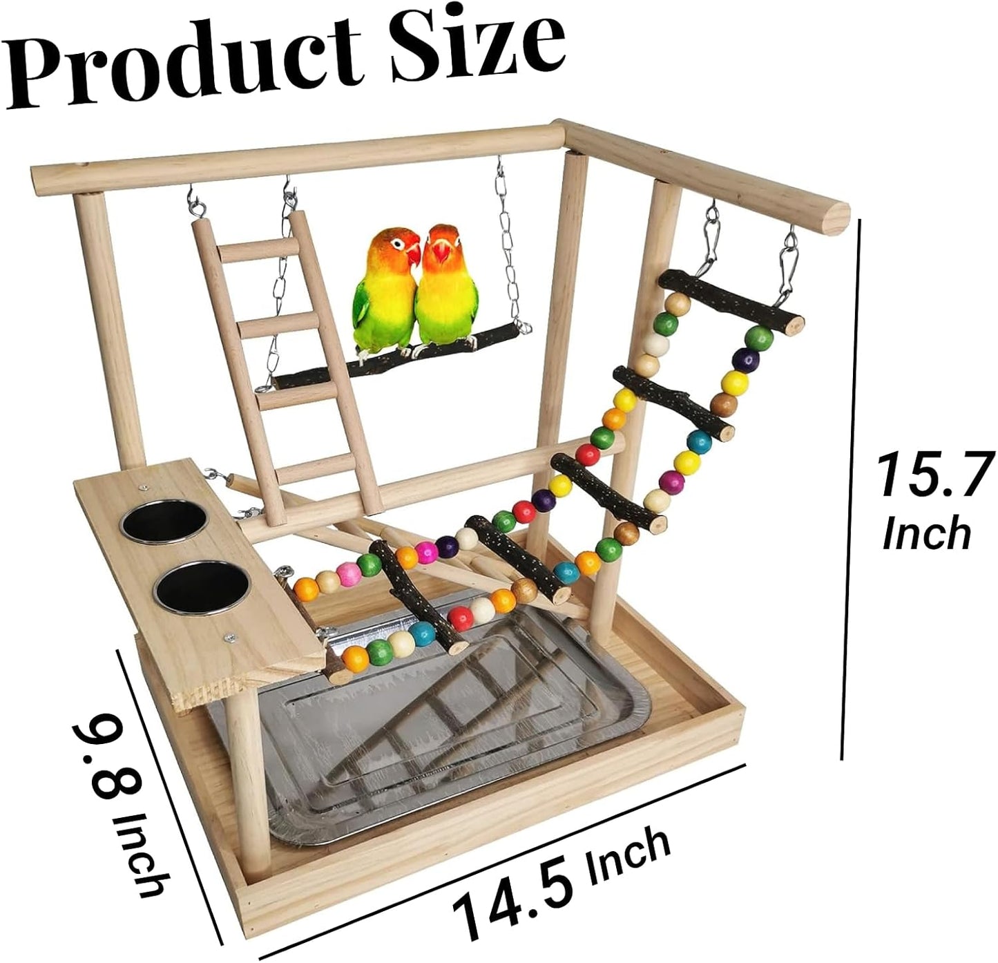 Hamiledyi Parrots Playground Bird Play Gym Wood Perch Stand Colours Climb Ladders Swing Chewing Toys with Parakeet Feeding Cups Exercise Activity Center for Conure Cockatiel Lovebirds(Include a Tray)